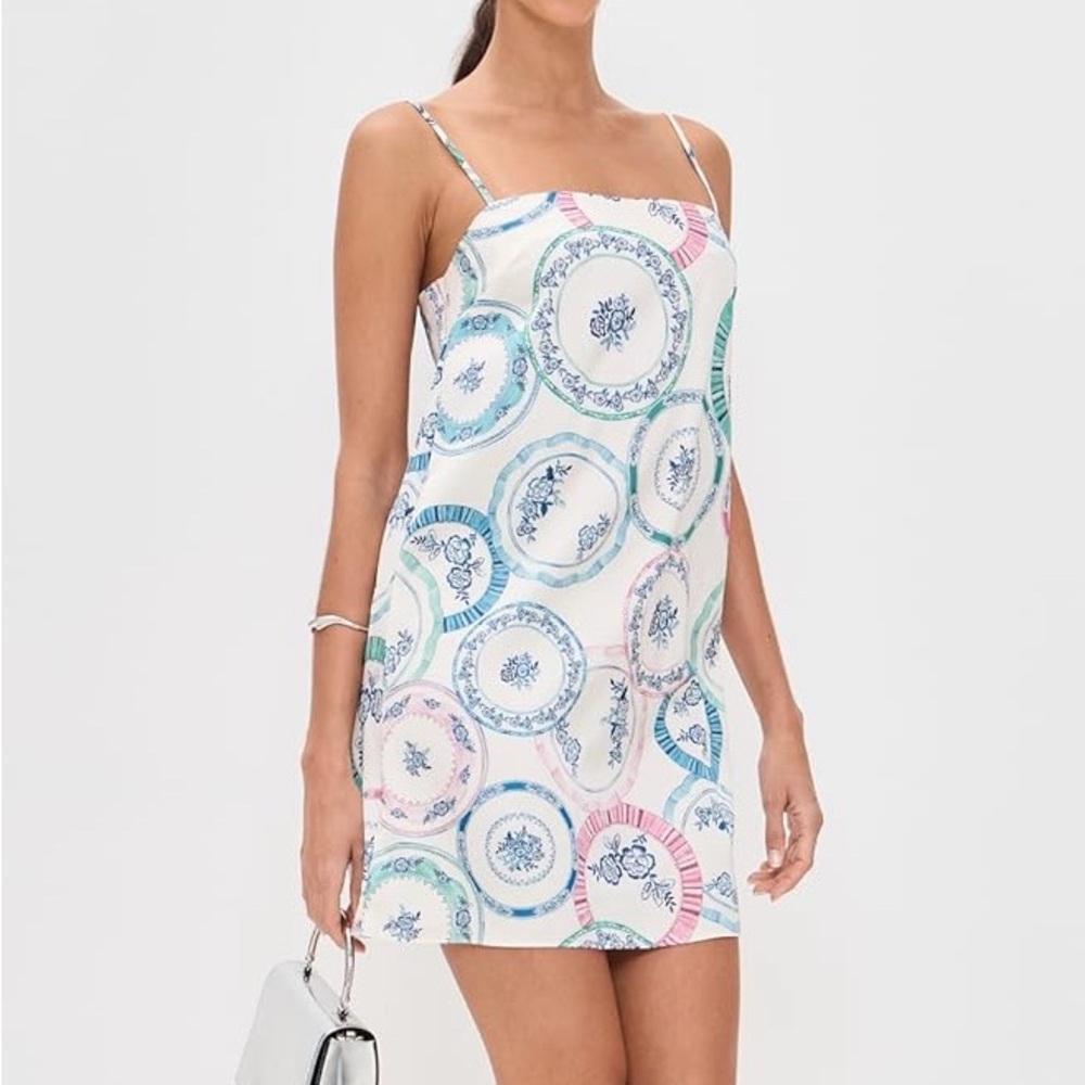 Misa Los Angeles Maxine Dress - Pink and blue plate pattern satin dress